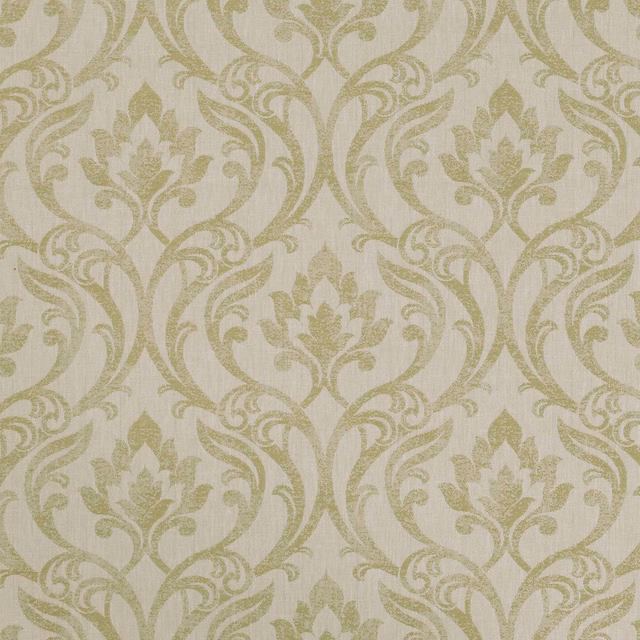 Ivory woven damask with muted citrus-olive floral scrolls and subtle vertical texture