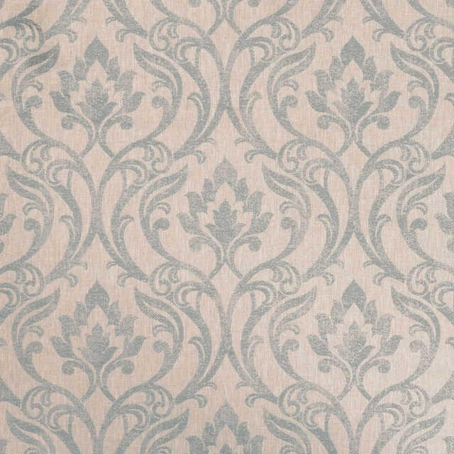 Muted duckegg damask scrolls and floral motifs on a warm pale woven ground