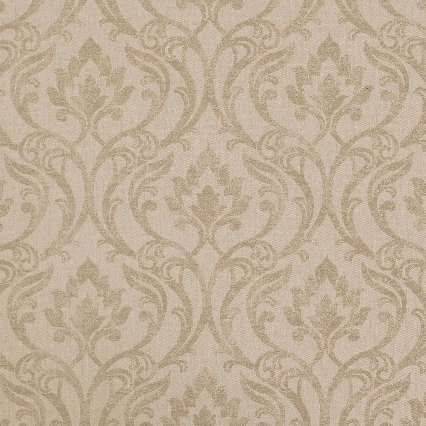 Warm natural beige damask with muted taupe scrolling floral motifs and woven texture