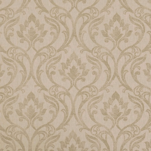 Warm natural beige damask with muted taupe scrolling floral motifs and woven texture