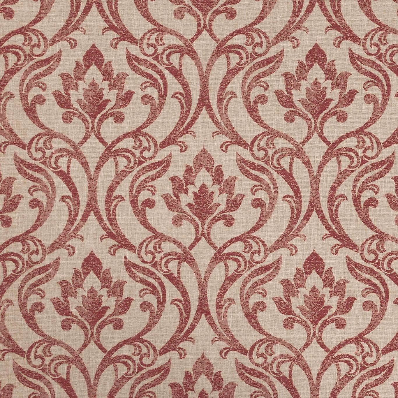 Burgundy damask scrolls and floral motifs on a textured beige woven ground