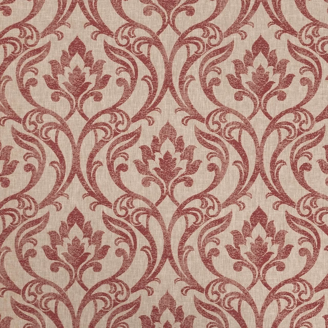 Burgundy damask scrolls and floral motifs on a textured beige woven ground