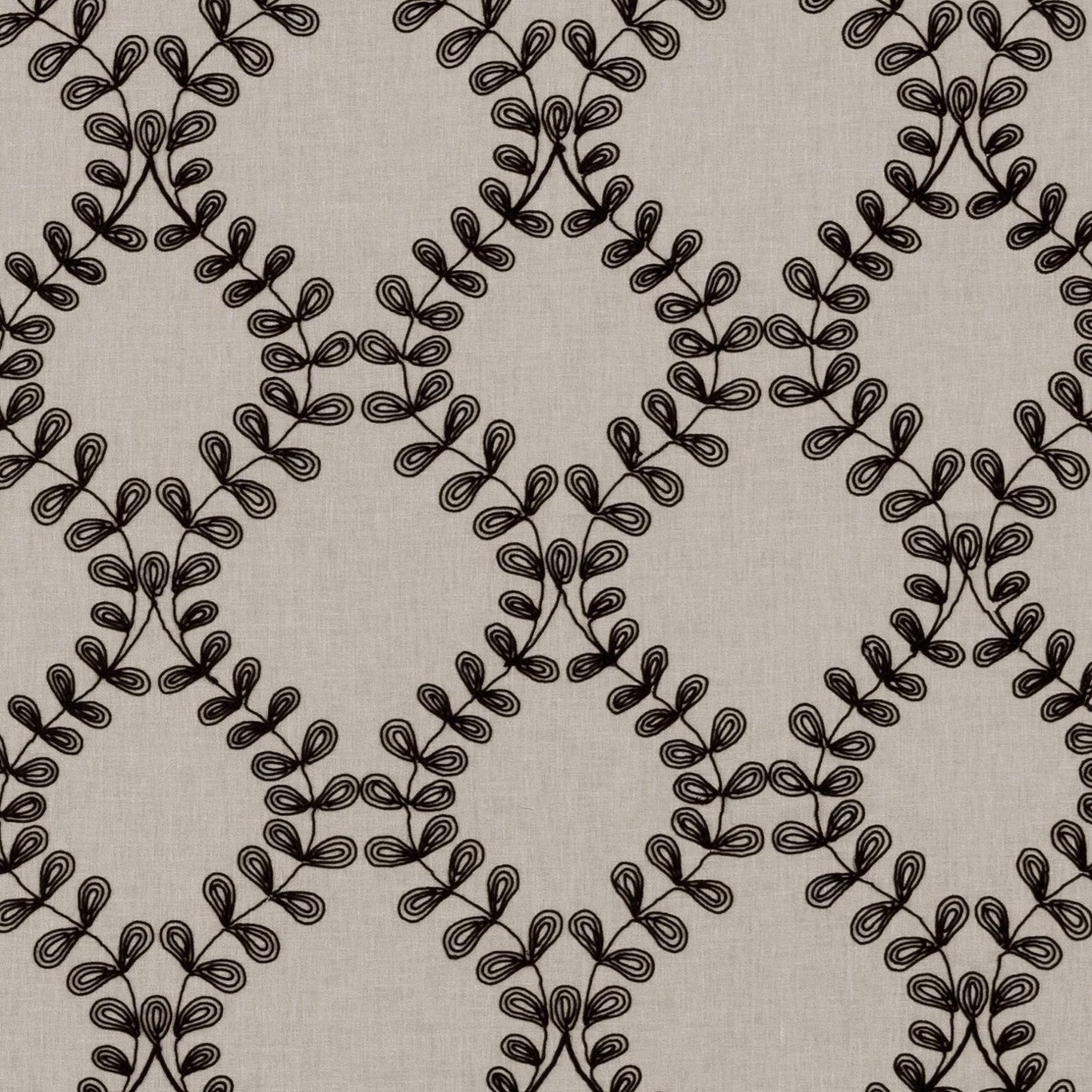 Warm grey fabric with charcoal looping botanical diamonds and fine textured ground