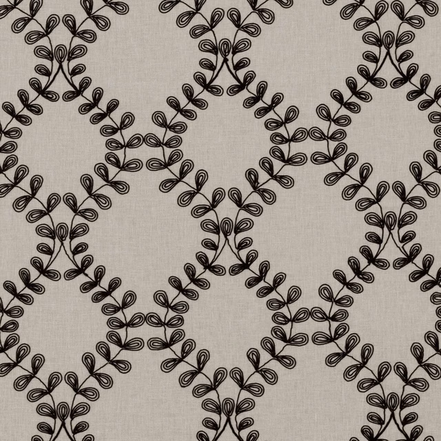 Warm grey fabric with charcoal looping botanical diamonds and fine textured ground