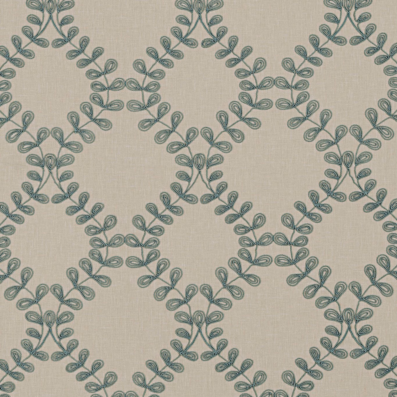 Muted duckegg leaf trellis on a softly textured beige upholstery fabric