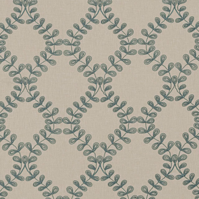 Muted duckegg leaf trellis on a softly textured beige upholstery fabric