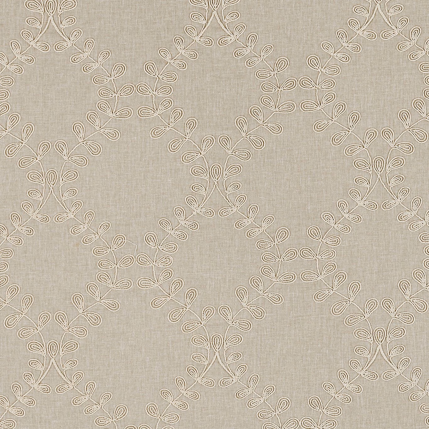 Warm greige linen fabric with ivory scrolling floral loop motifs in a repeating lattice