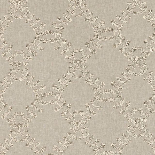 Warm greige linen fabric with ivory scrolling floral loop motifs in a repeating lattice