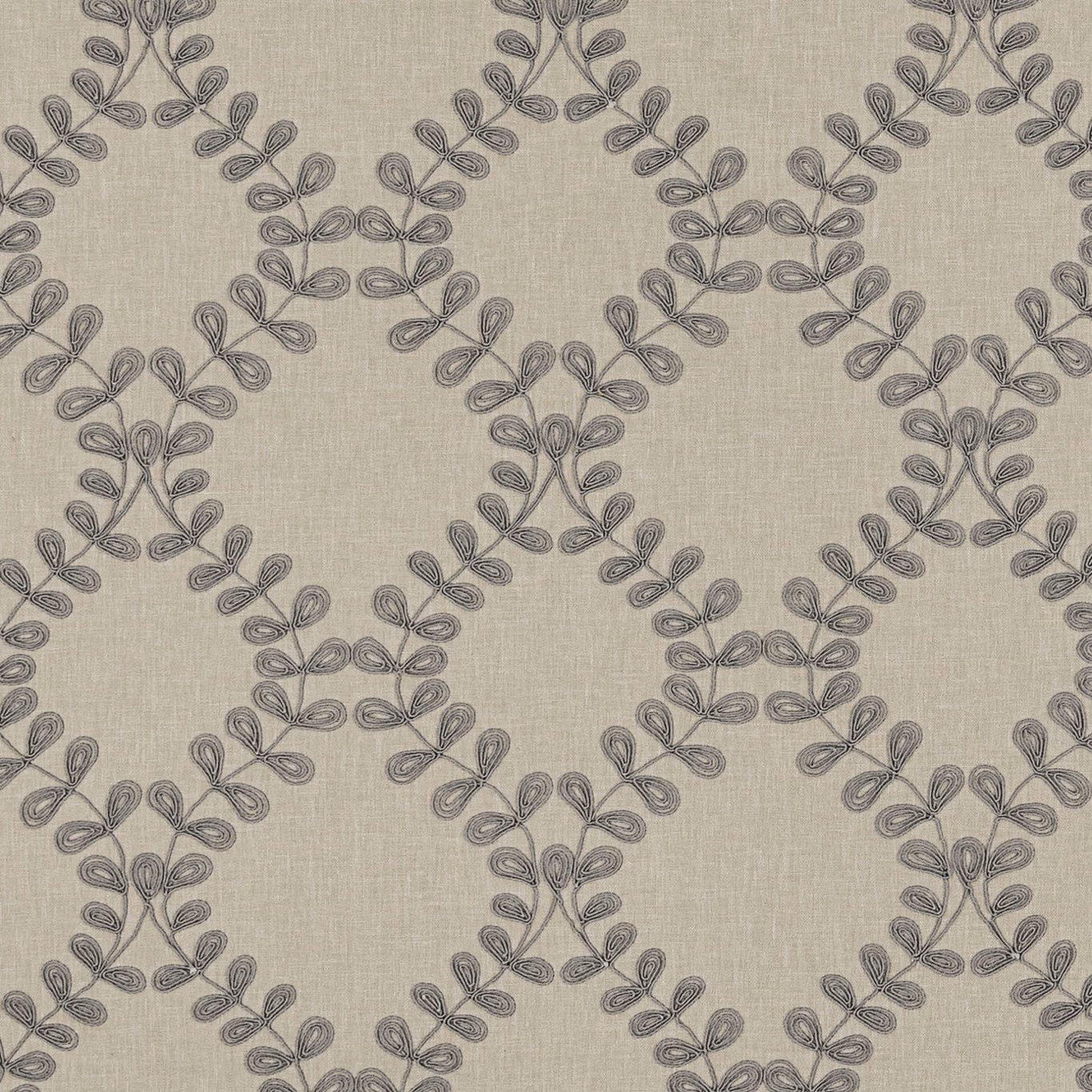 Smoky greige woven fabric with charcoal leafy trellis and fine textured ground