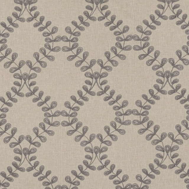 Smoky greige woven fabric with charcoal leafy trellis and fine textured ground