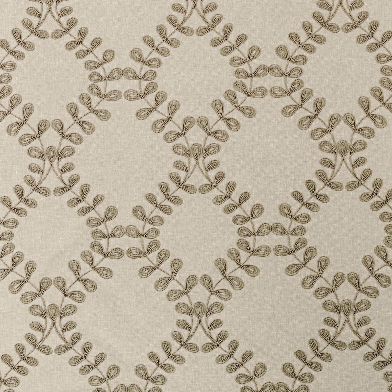 Taupe woven ground with looping brown leaf garlands in open diamond shapes