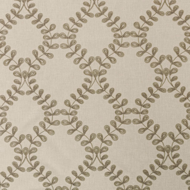 Taupe woven ground with looping brown leaf garlands in open diamond shapes