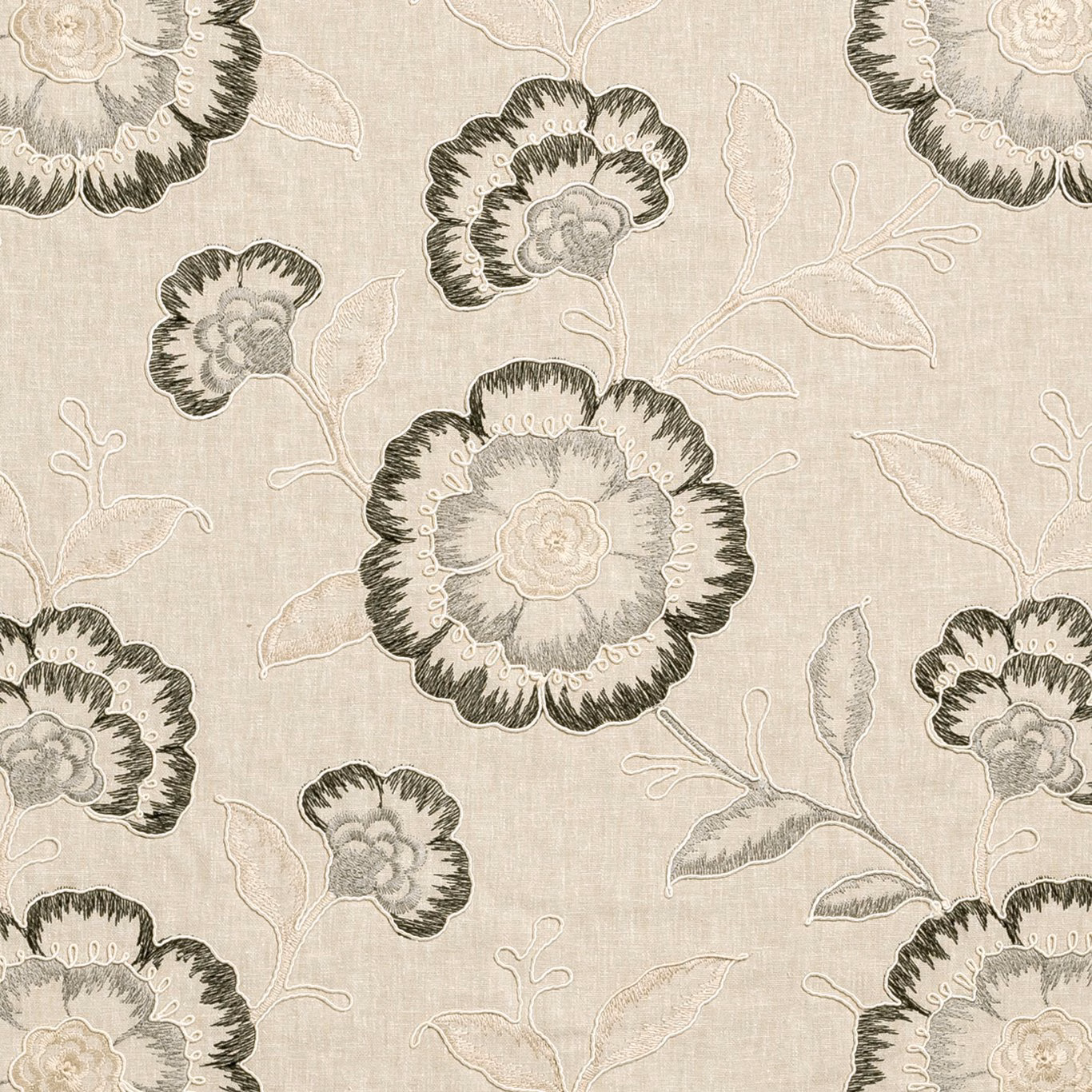 Warm grey floral fabric with charcoal flower outlines and fine cream botanical stems