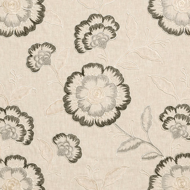 Warm grey floral fabric with charcoal flower outlines and fine cream botanical stems