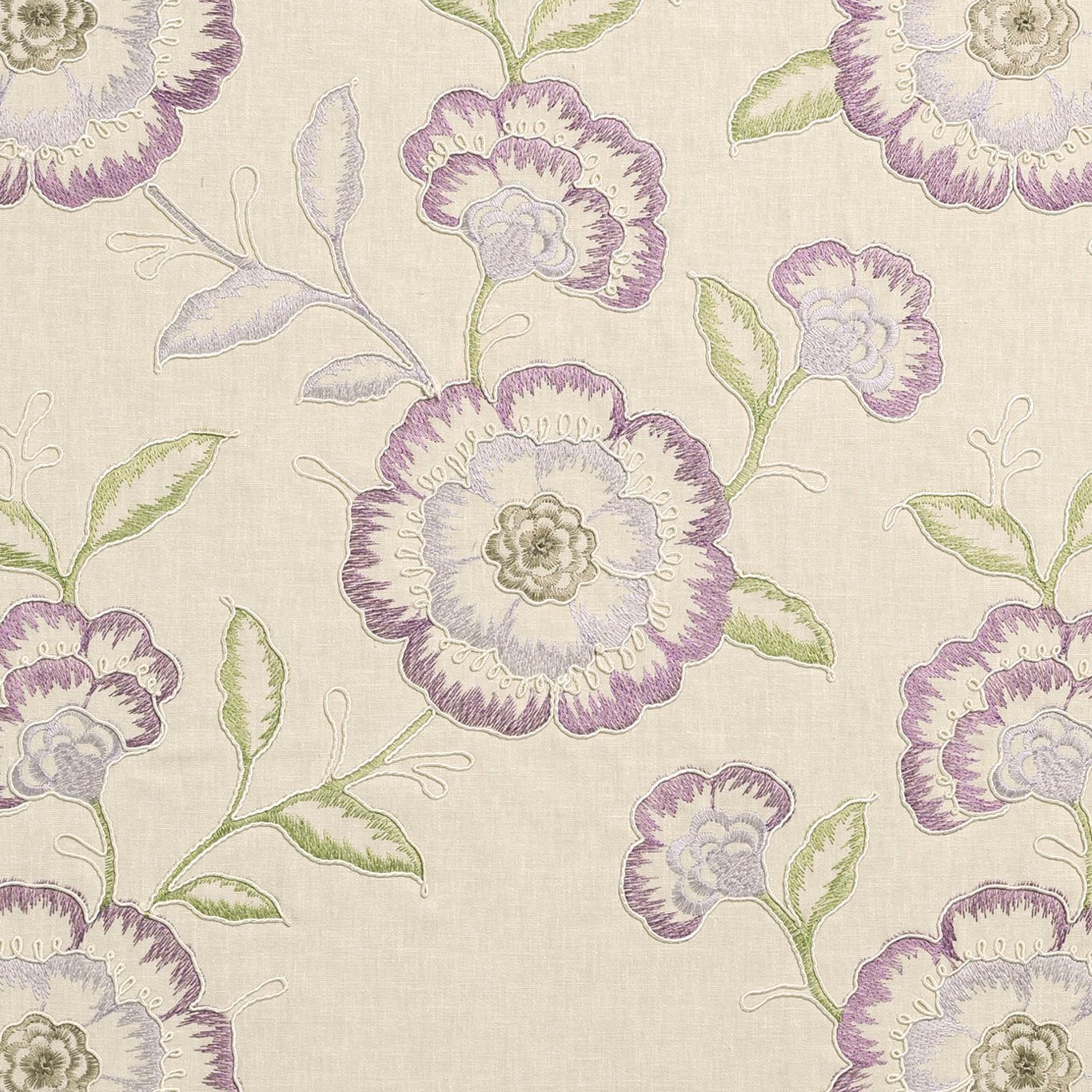Muted lilac and sage floral motifs on a warm ivory textured ground