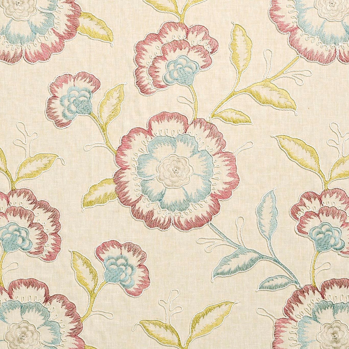 Raspberry and duckegg floral blossoms on a warm ivory textured fabric ground
