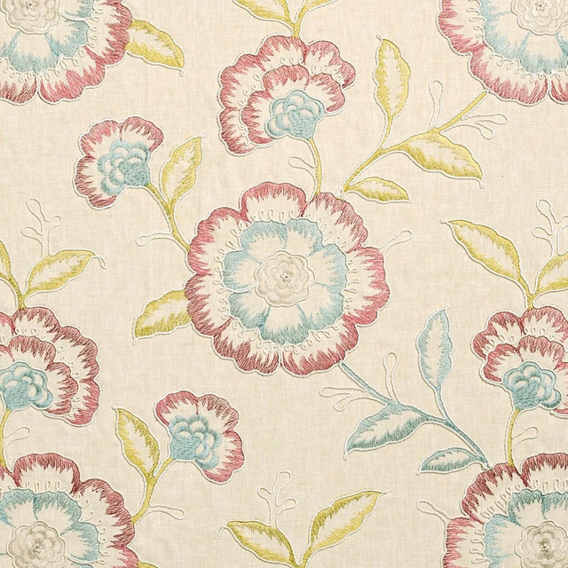 Raspberry and duckegg floral blossoms on a warm ivory textured fabric ground