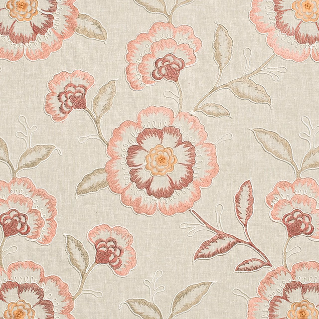 Large coral and terracotta flowers with taupe leaves on a warm ivory woven ground