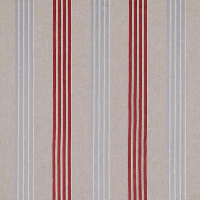 Raspberry red and duck-egg blue vertical stripes on a warm woven ground