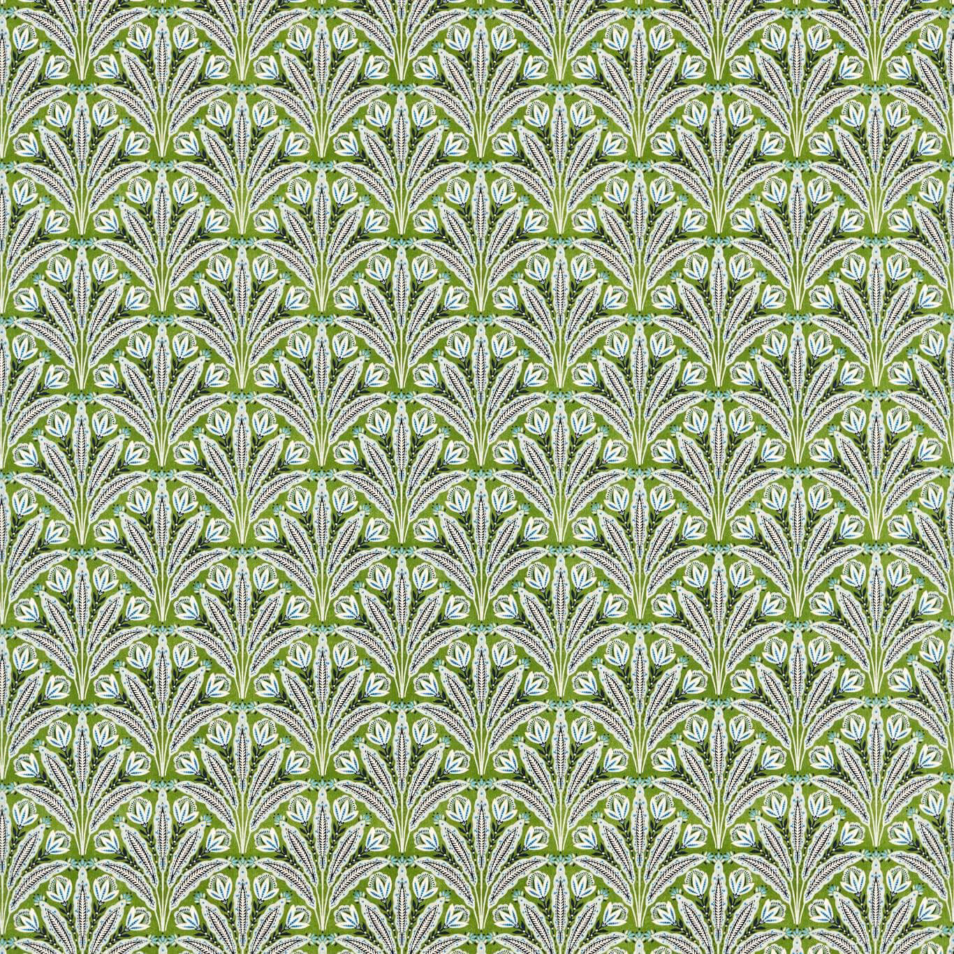Leaf-green fabric with white fan-shaped foliage and fine cobalt-blue botanical details
