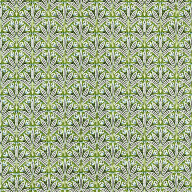 Leaf-green fabric with white fan-shaped foliage and fine cobalt-blue botanical details