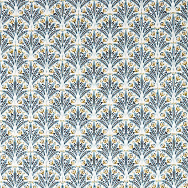 Muted denim-blue botanical fan motifs with ochre accents on a cream ground