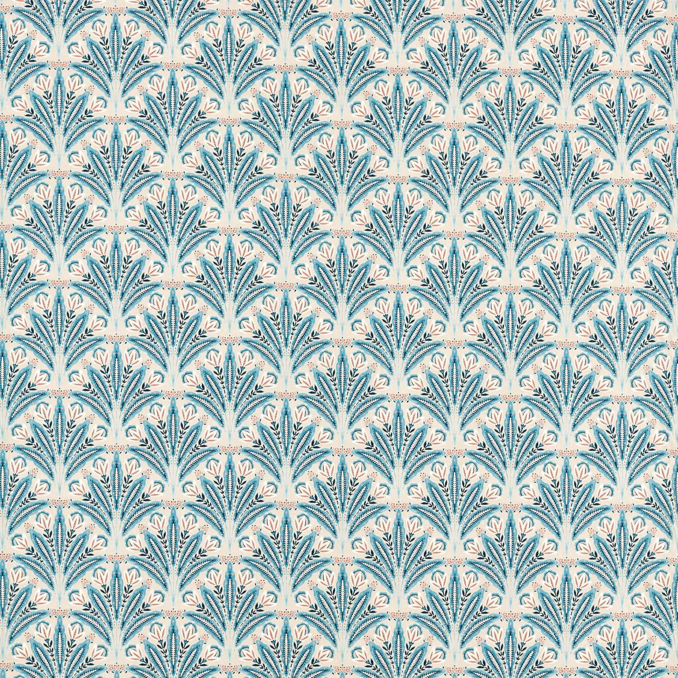 Mineral teal fan motifs with blush accents on a cream patterned fabric ground