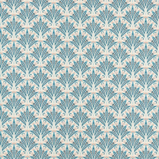 Mineral teal fan motifs with blush accents on a cream patterned fabric ground