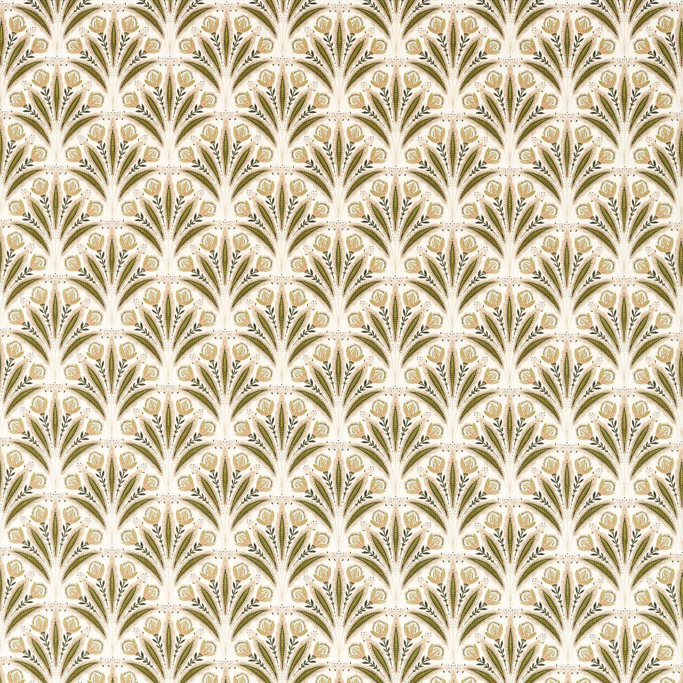 Cream fabric with repeating sage fan leaves and soft blush botanical accents