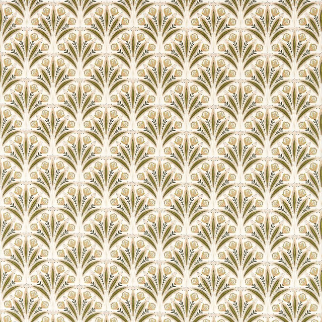 Cream fabric with repeating sage fan leaves and soft blush botanical accents
