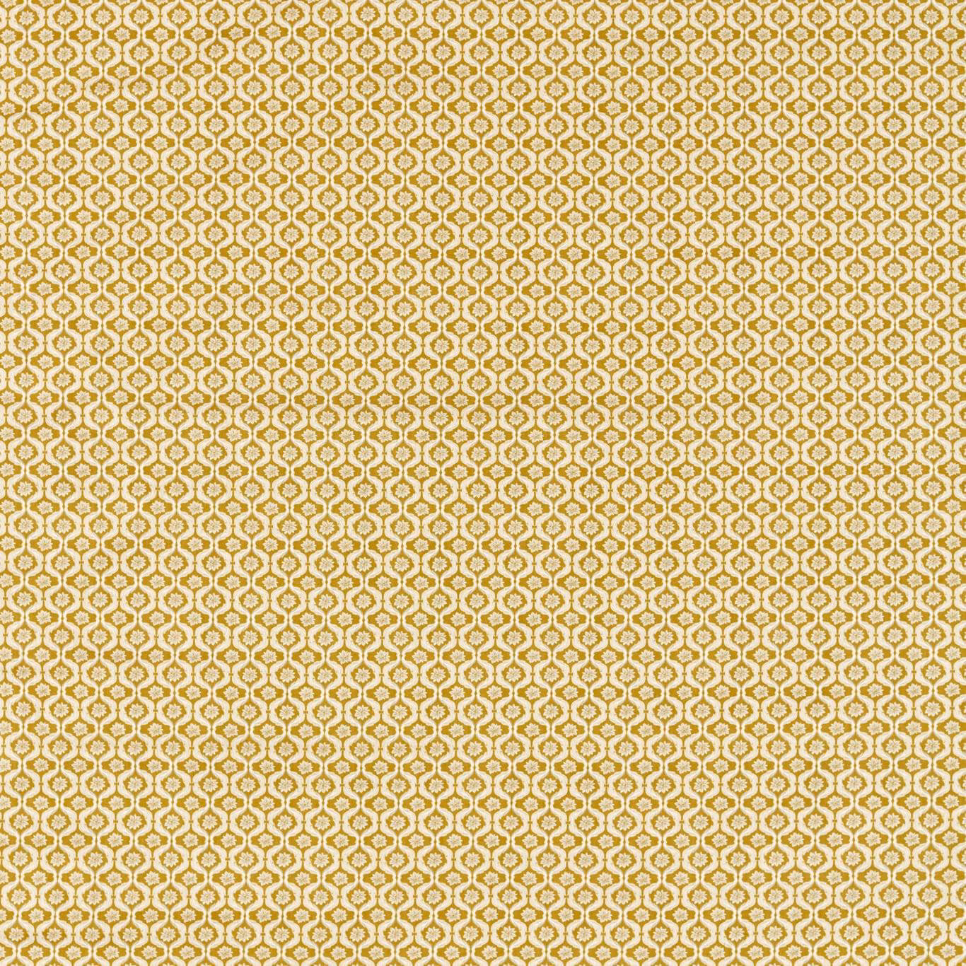 Warm mustard gold woven fabric with a small cream geometric lattice pattern