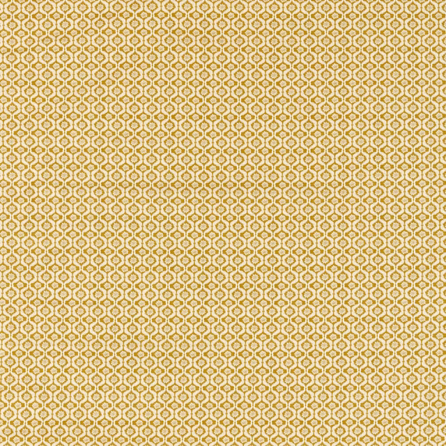 Warm mustard gold woven fabric with a small cream geometric lattice pattern