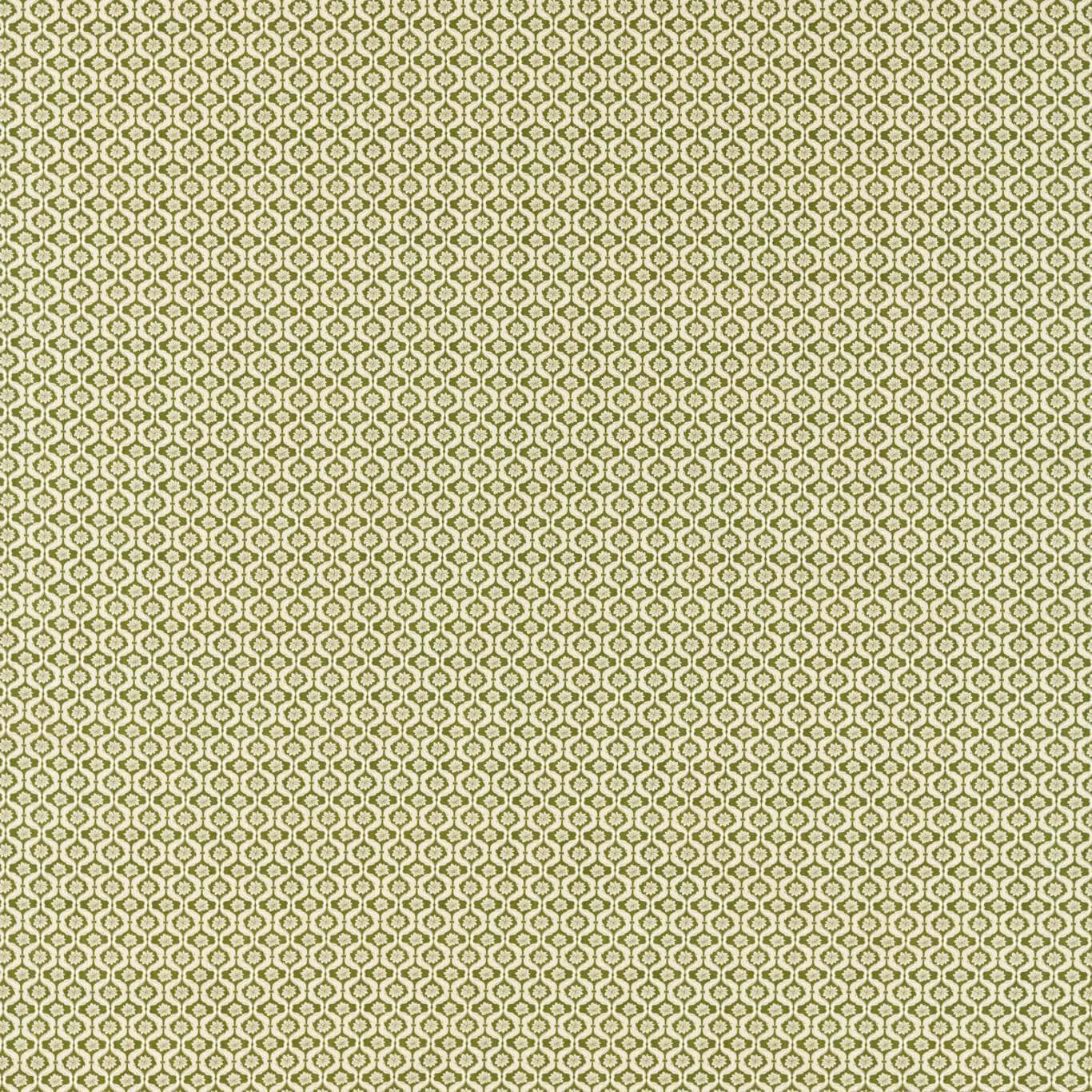 Muted sage green woven fabric with tiny cream linked geometric motifs