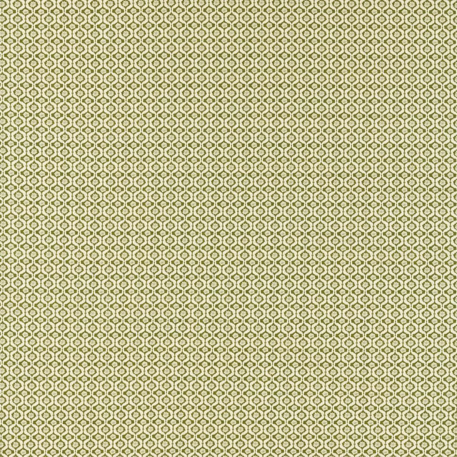 Muted sage green woven fabric with tiny cream linked geometric motifs