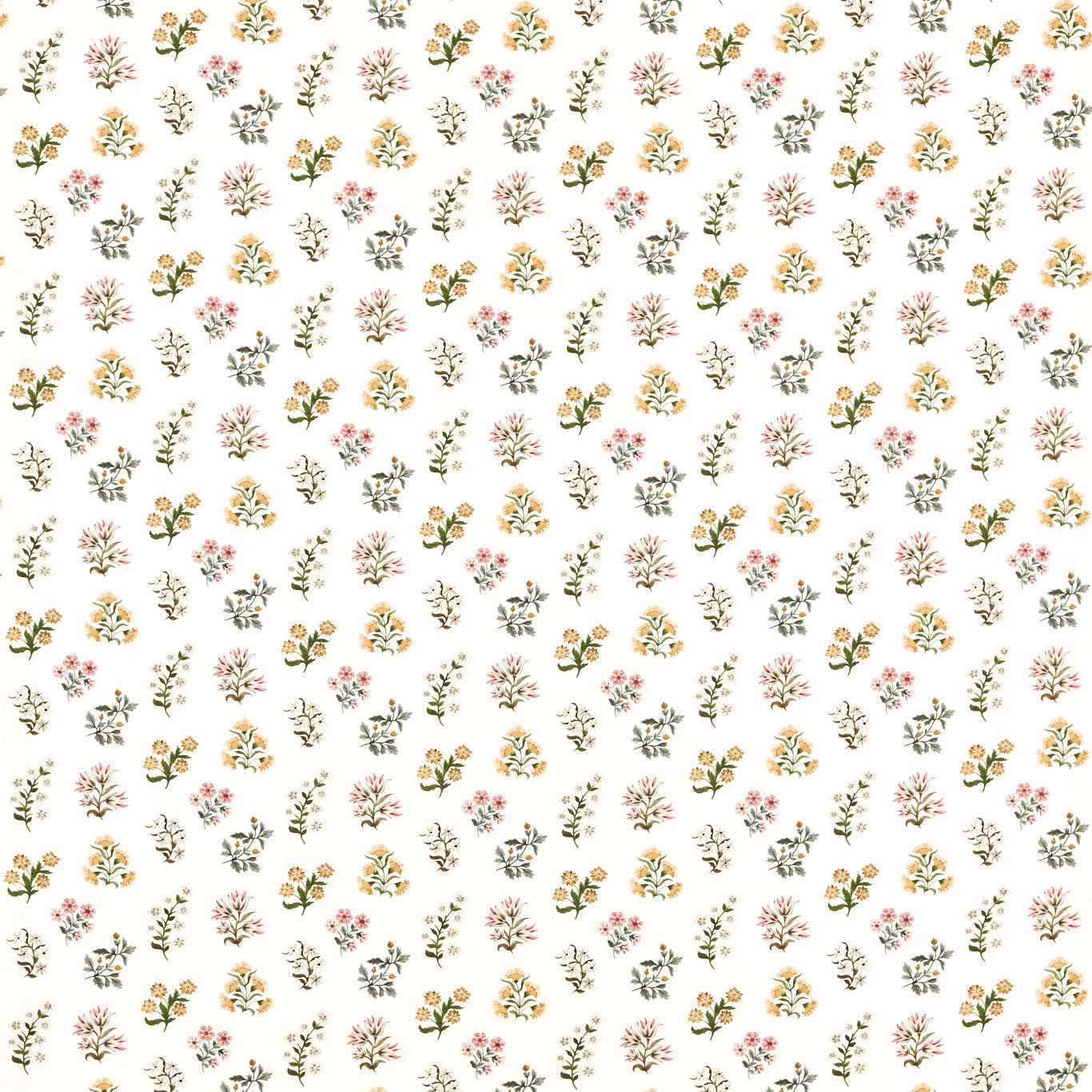 Ivory botanical fabric with scattered blush, ochre, blue and sage floral sprigs