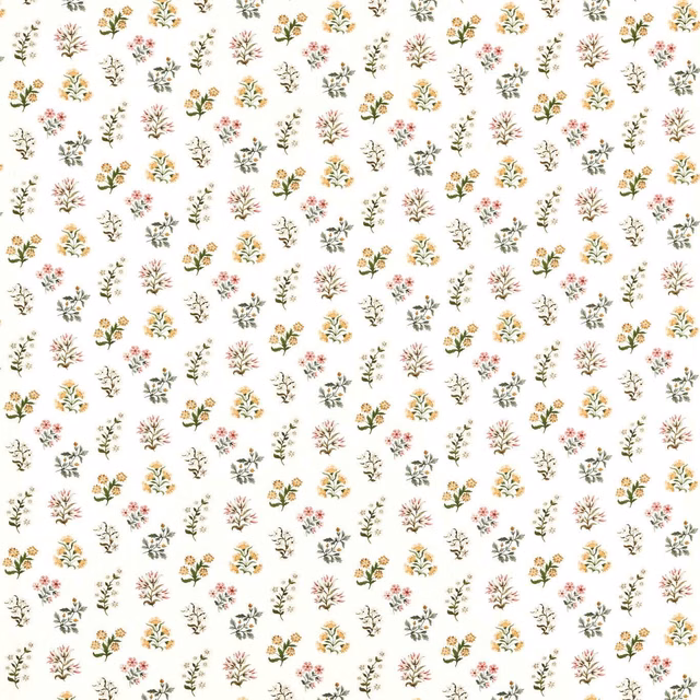 Ivory botanical fabric with scattered blush, ochre, blue and sage floral sprigs