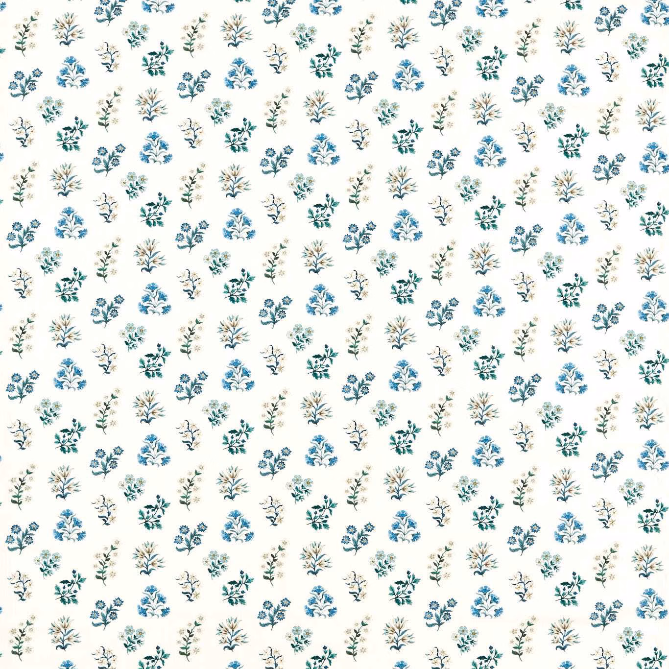 Ivory fabric with small denim-blue, teal and green botanical sprigs