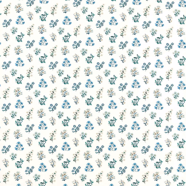 Ivory fabric with small denim-blue, teal and green botanical sprigs
