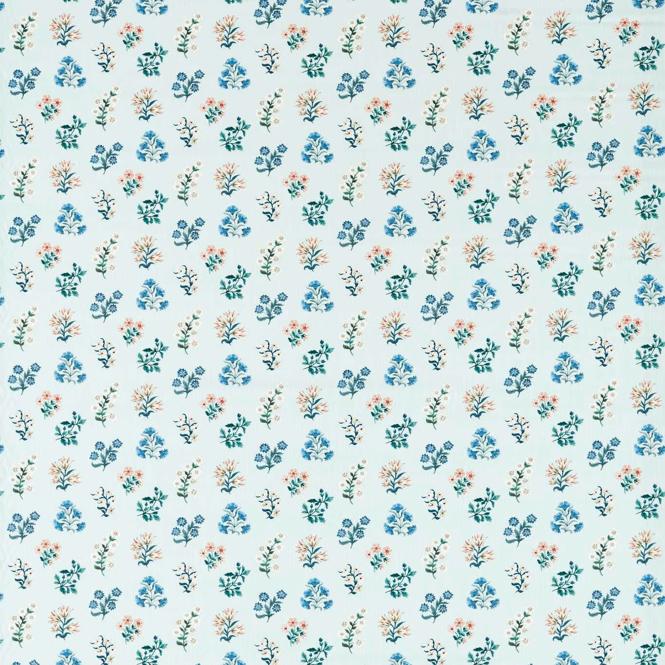 Pale aqua fabric with scattered blue, teal, coral and peach botanical sprigs