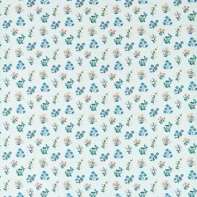 Pale aqua fabric with scattered blue, teal, coral and peach botanical sprigs