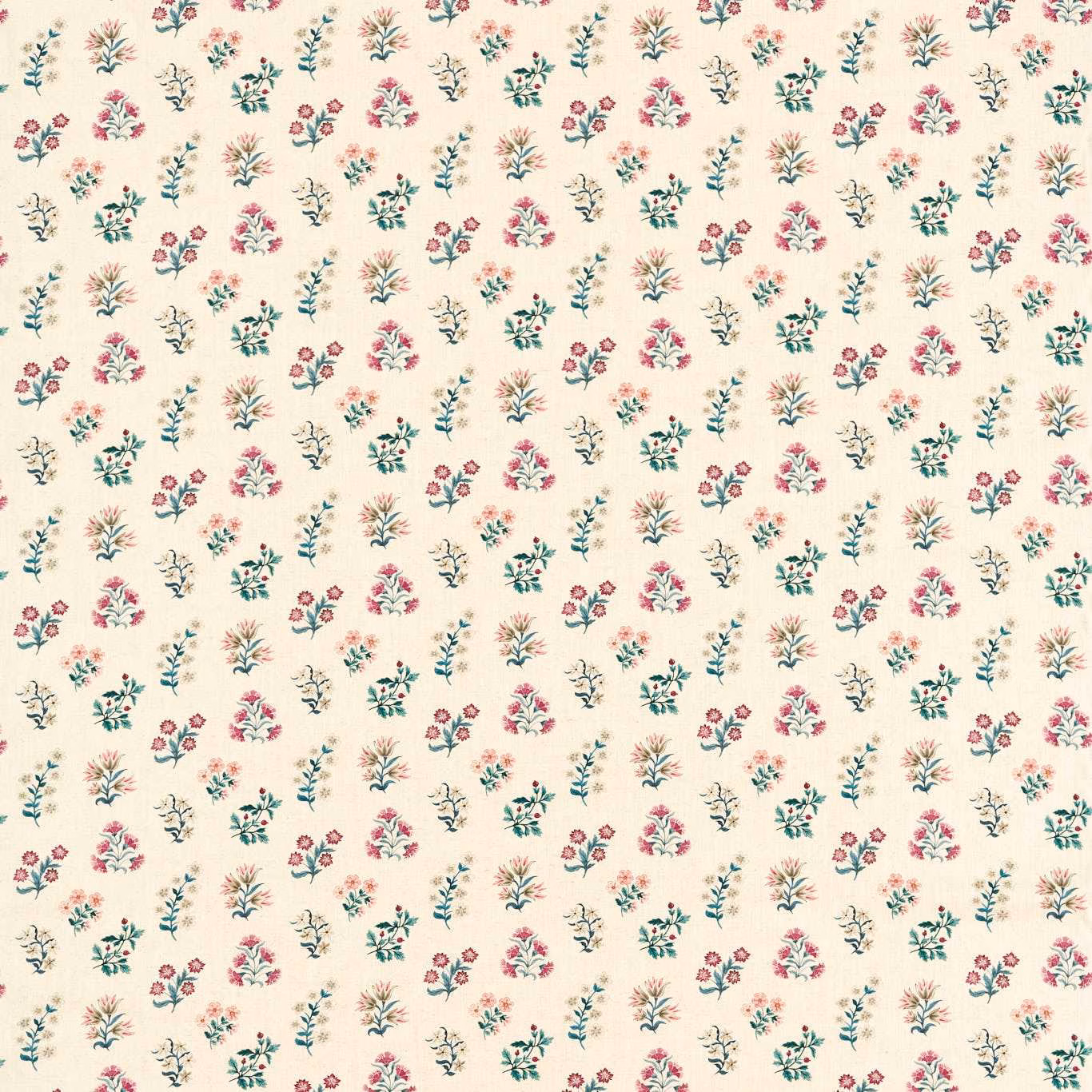 Cream floral fabric with teal sprigs and berry pink flowers in a small repeat