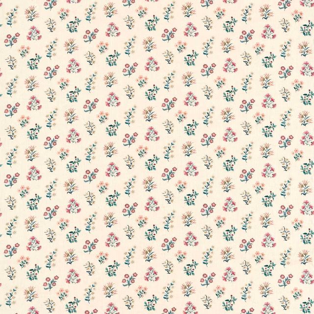 Cream floral fabric with teal sprigs and berry pink flowers in a small repeat