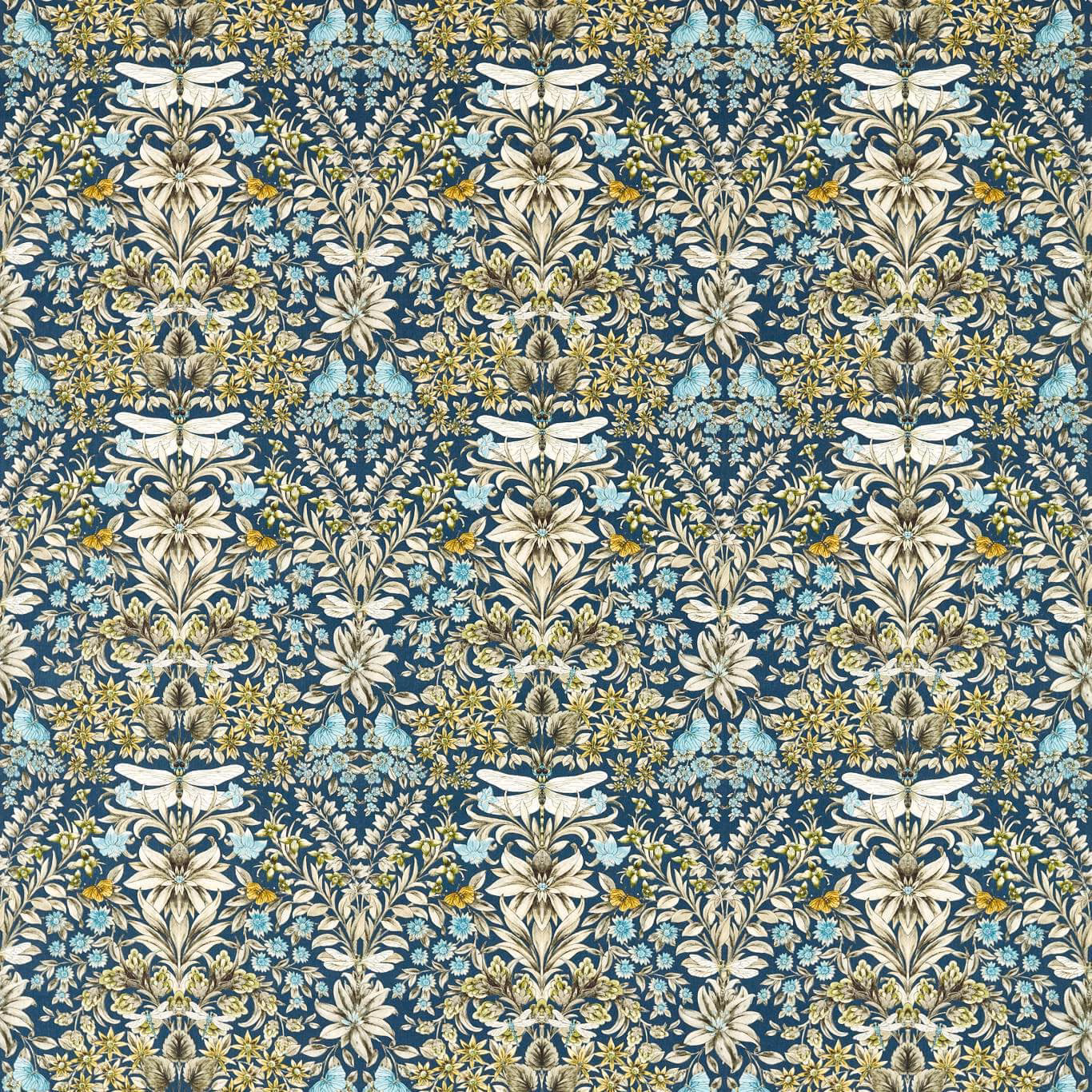 Midnight blue botanical repeat with cream lilies, pale blue flowers and yellow foliage