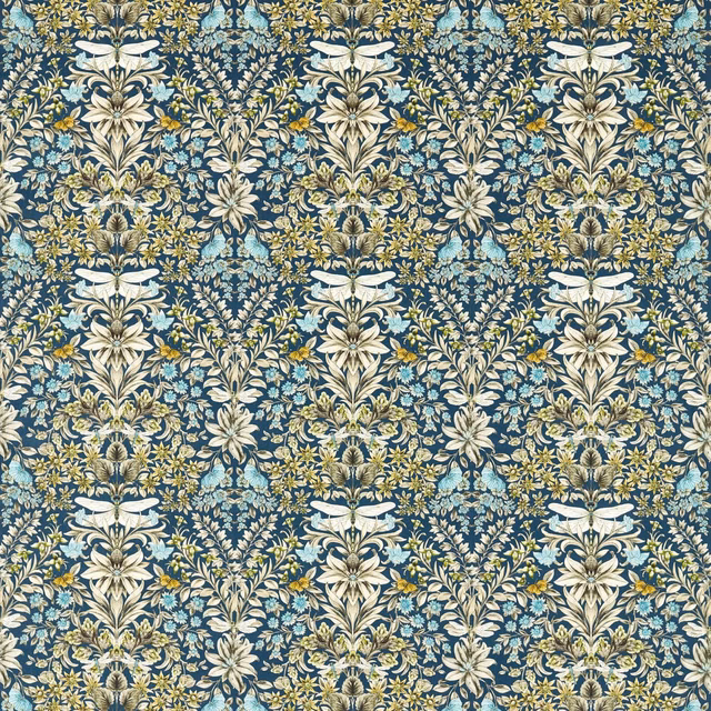 Midnight blue botanical repeat with cream lilies, pale blue flowers and yellow foliage