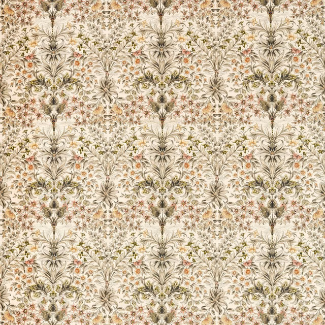 Natural-cream floral repeat with blush blooms, olive foliage and taupe botanical detailing