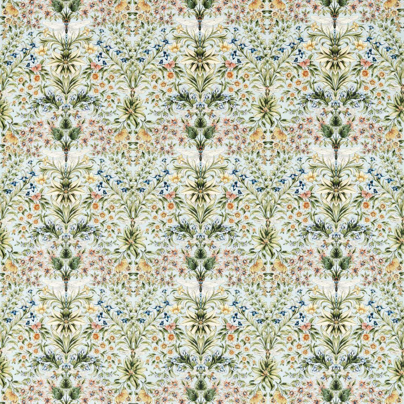 Pale aqua-green botanical fabric with leafy sprays, blue accents and tiny pink flowers