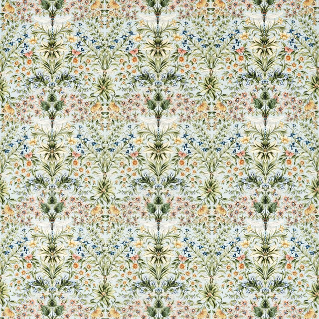 Pale aqua-green botanical fabric with leafy sprays, blue accents and tiny pink flowers