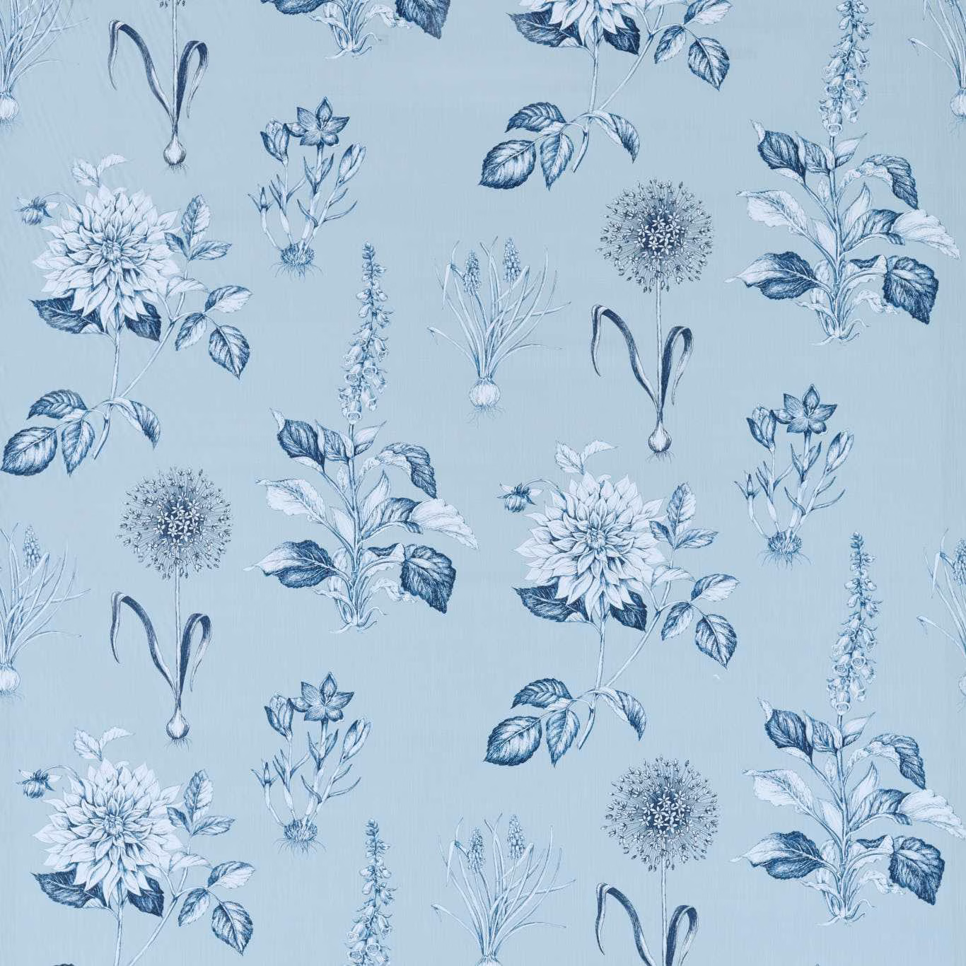 Muted denim-blue fabric with white dahlias, leafy stems and ink-blue botanical outlines