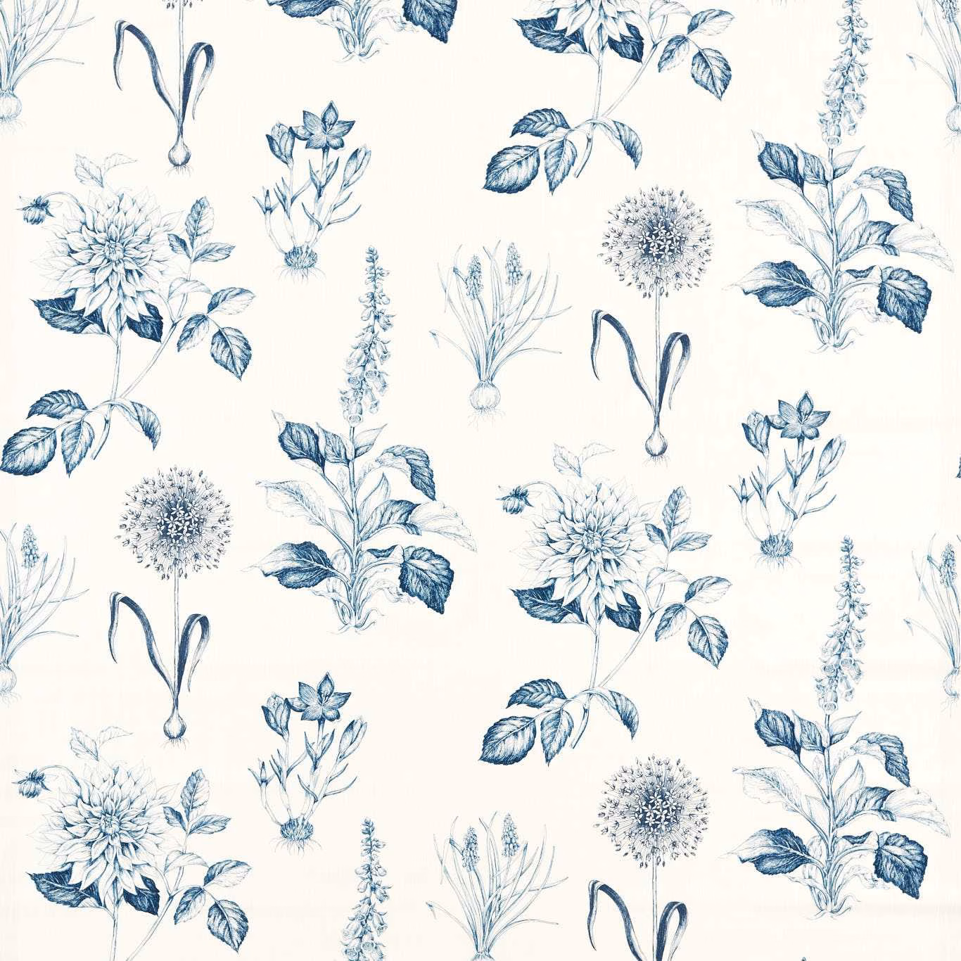Cream botanical fabric with midnight-blue flowers, leaves and airy sprig motifs