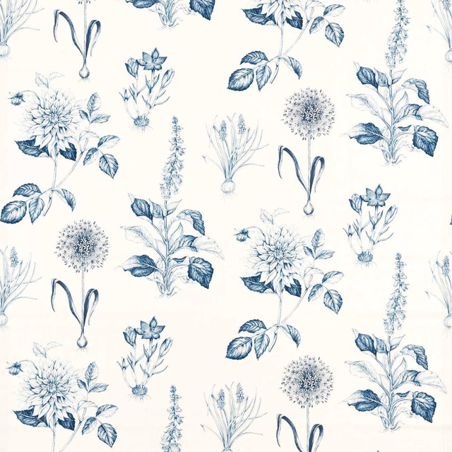 Cream botanical fabric with midnight-blue flowers, leaves and airy sprig motifs